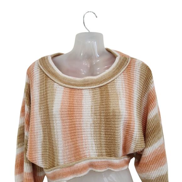 Urban Outfitters Cropped Sweater Pullover Balloon Sleeve Stripe Pink Tan Size XS - Picture 2 of 8
